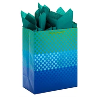 Grand sac-cadeau de 13 po avec papier de soie, Hallmark (bleu, vert, pois métallisés) pour les fêtes, la fête des Pères, les remises des diplômes