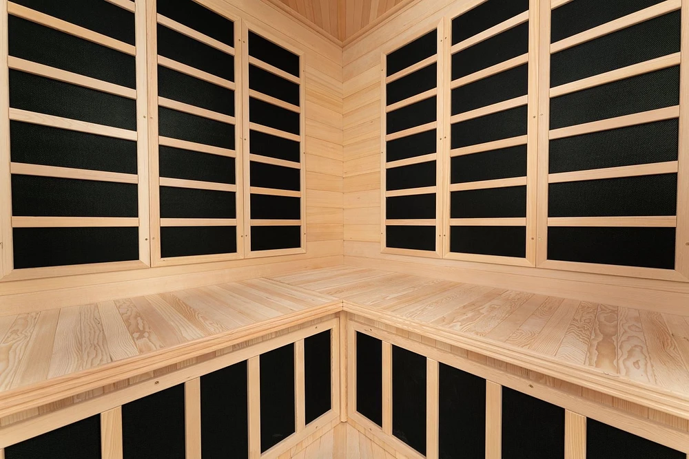 Sauna infrarouge lointain Blisspod pour 4 à 5 personnes, pruche de qualité supérieure, faible EMF, 12 radiateurs, coin, spacieux.