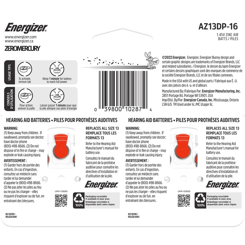 Energizer 13, Emballage de 16, Orange Paquet de 16 piles