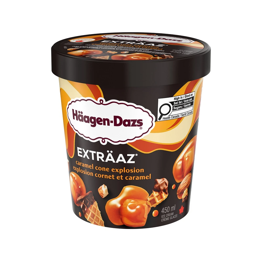 EXTRÄAZ Caramel Cone Explosion, Caramel Ice Cream, Almond Pralines, Chocolatey- Dipped Cone Pieces, Canadian Dairy, No Artificial Colours or Flavours, 450 mL
