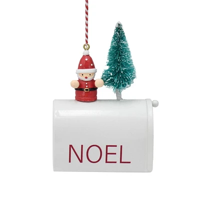 Holiday Time Winter Chalet Noel Mailbox with Santa Christmas Ornament, White