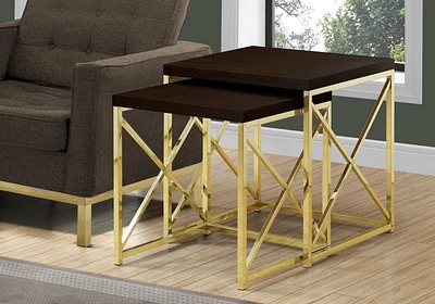 Monarch Specialties Tables Gigognes, Lot De 2, Côté, Bout, Métal, Accent, Salon, Chambre À Coucher, Métal, Stratifié, Brun, Or, Contemporain, Moderne