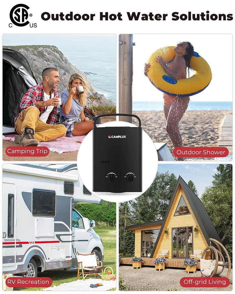 Camplux 1.32 GPM 34,000 BTU Outdoor Portable Propane Tankless Water Heater, Black