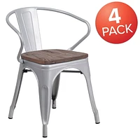 Lot de 4 - Chaise en métal argenté avec siège et accoudoirs en bois