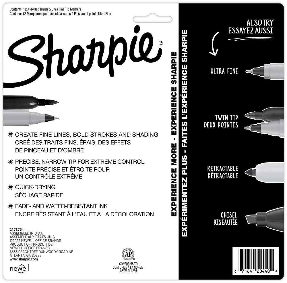 Sharpie Brush Twin Marqueurs permanents, marqueur à pointe pinceau et marqueur à pointe ultra fine, assortis, 12 pièces 12 unités