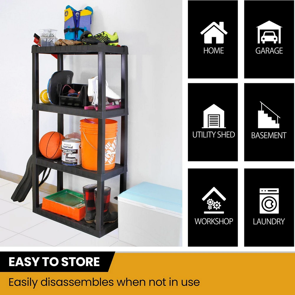 Hyper Tough Plastic Shelves Garage Storage Shelving Unit 4-Tier 56"H x 14"D x 30"W Pack of 4 Black-400 lbs Total Capacity