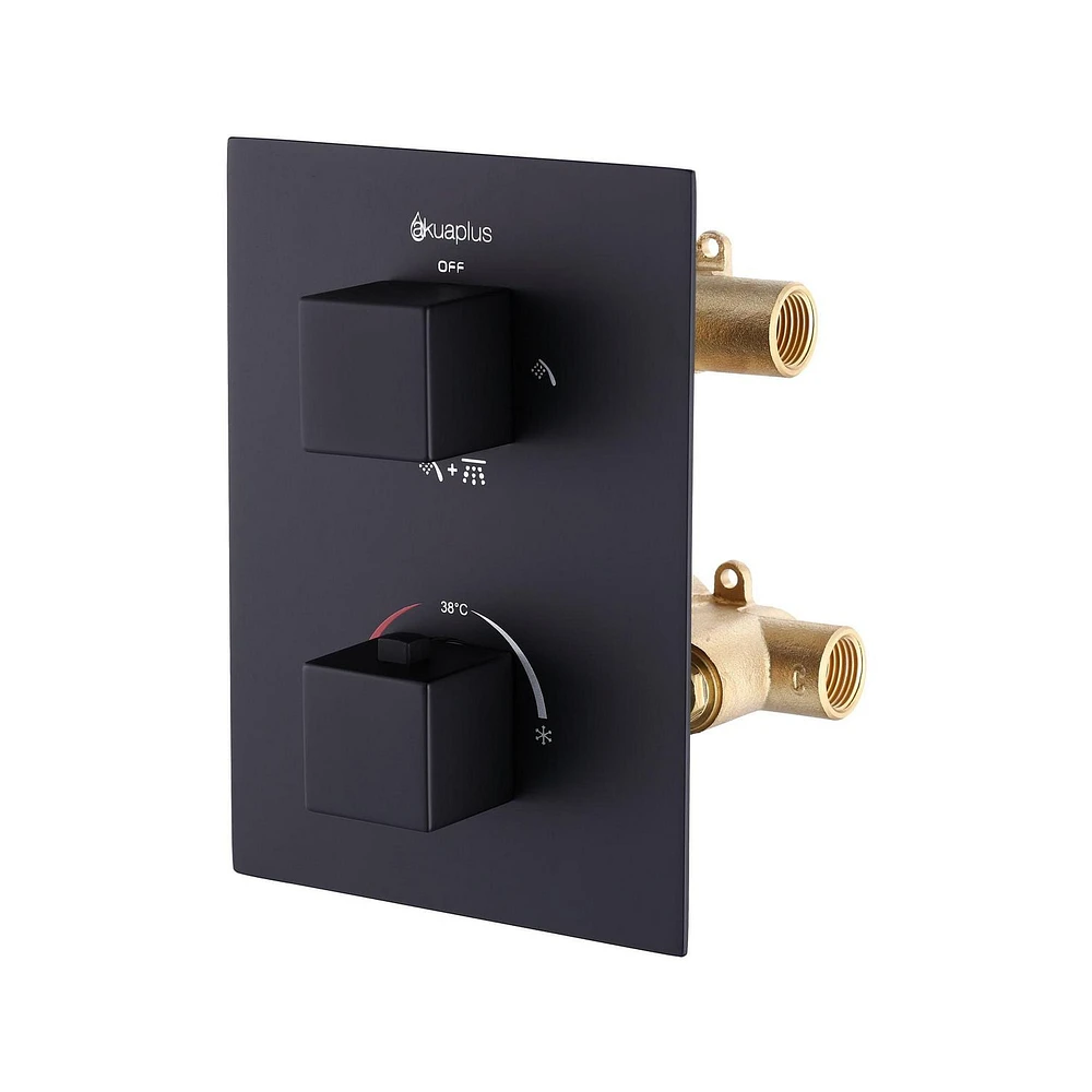 Valve thermostatique carrée 3 fonctions, pommeau, bec de bain ou simultanément, fini noir mat