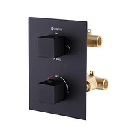 Valve thermostatique carrée 3 fonctions, pommeau, bec de bain ou simultanément, fini noir mat