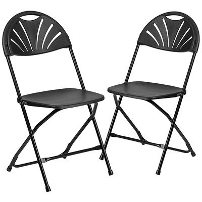 Lot de 2 pièces - Chaise pliante de la série HERCULES en plastique noir à dossier Fan, avec une capacité de 650 lb.