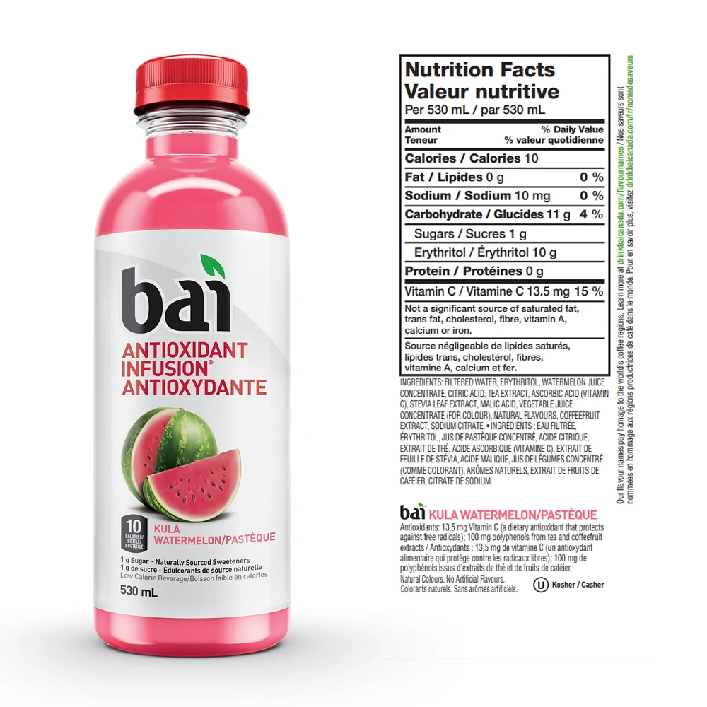 Bai Infusion antioxydante à faible teneur en calories, Kula Pastèque, 530 ml 530 ml