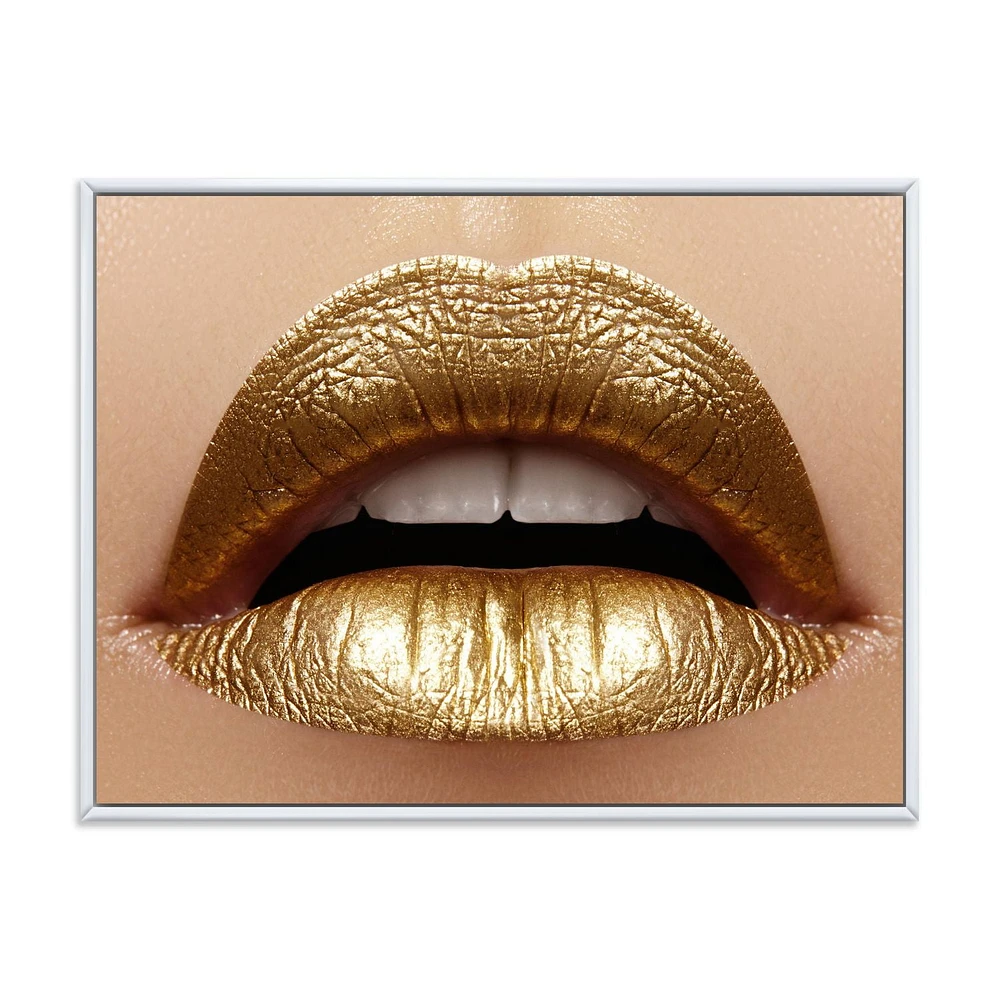 Designart Close Up of Female Plump Lips With Golden Lipstick FLOAT FRAME WALL ART