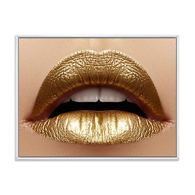 Designart Close Up of Female Plump Lips With Golden Lipstick FLOAT FRAME WALL ART