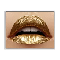 Designart Close Up of Female Plump Lips With Golden Lipstick FLOAT FRAME WALL ART