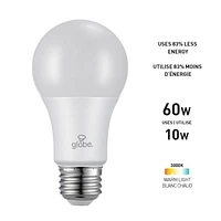 Ampoule DEL en plastique A19 gradable de Globe Electric, équivalente à un éclairage blanc chaleureux de 60W (3000K), base E26, 800 lumens, 30994