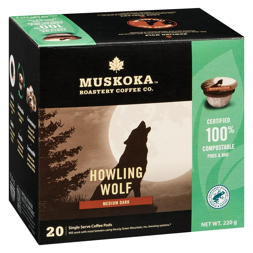 Dosettes de café Loup Hurlant de Muskoka Roastery Coffee Co. à torréfaction foncée moyenne en emballage d'une portion