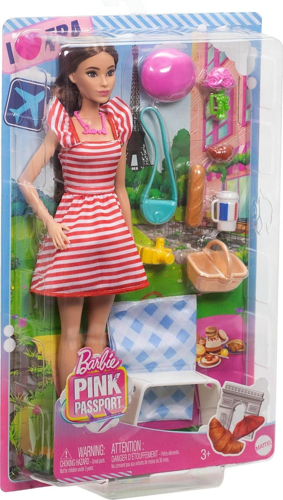 Barbie  Passeport Rose Poupée et coffret de jeu Aventures à Paris Âges 3+