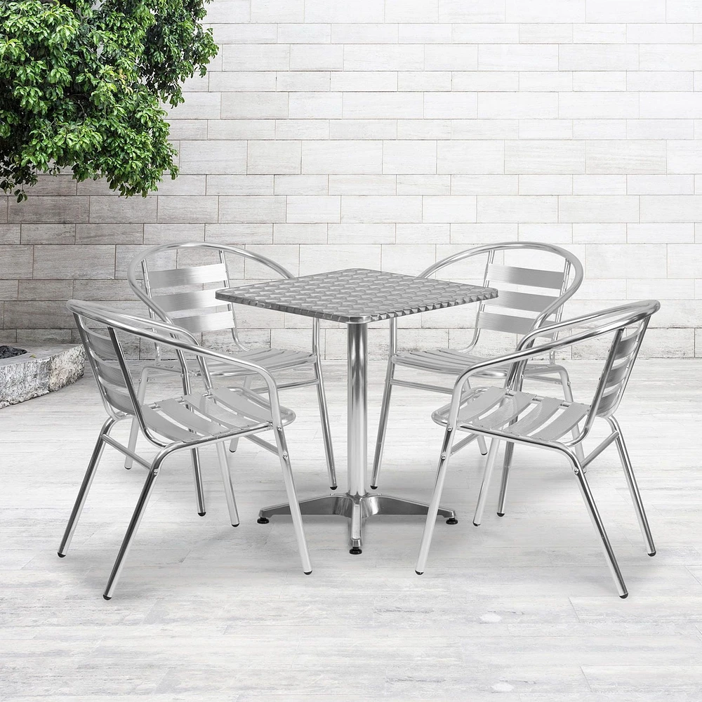 Ensemble de table carrée de 23,5 po en aluminium pour l'intérieur et l'extérieur avec 4 chaises à dossier à lattes