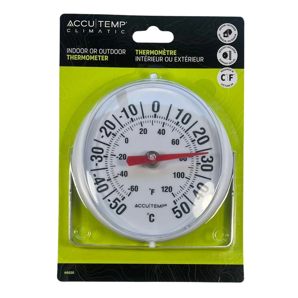 Accutemp Indoor or Outdoor Thermometer, Bracket Included, Temperature Readings in Celsius  °C and Fahrenheit and °F, Round, Weatherproof construction