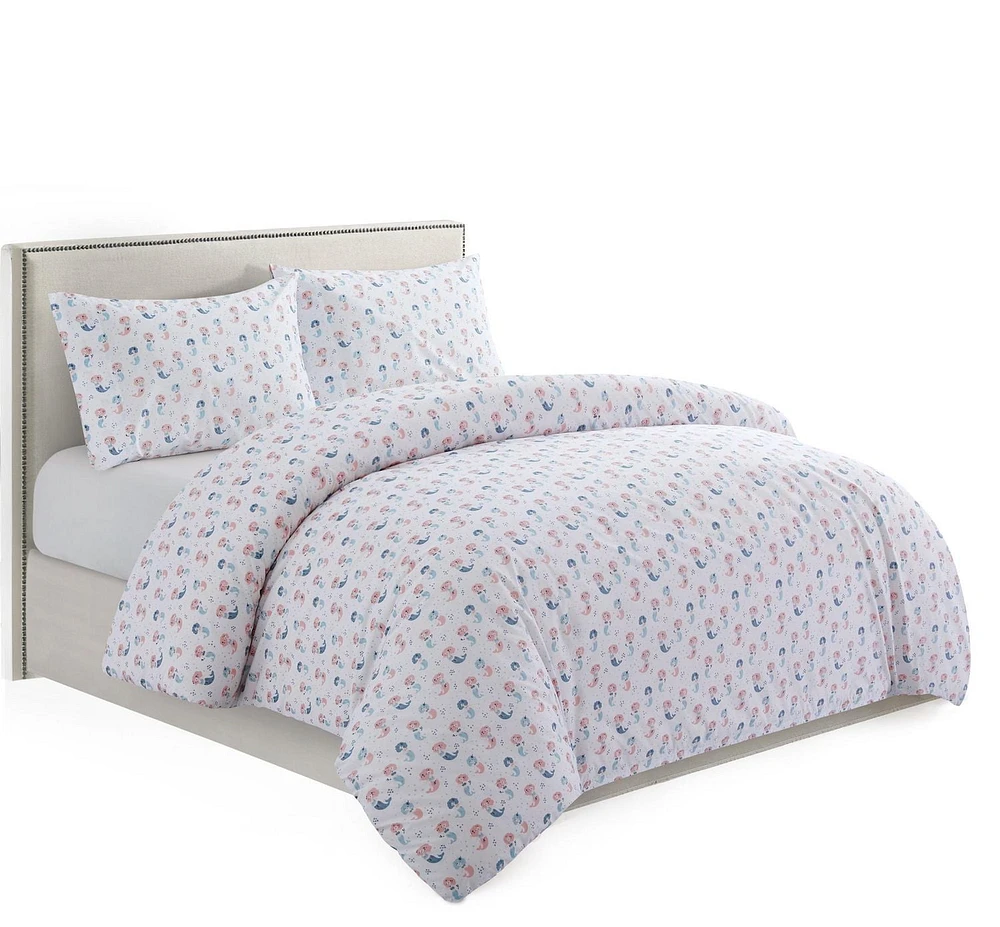 Marina Decoration Kids Girls Toddlers Cute Printed 600 Thread Count Soft Cotton Blend Percale Duvet Cover Set with Corner Tie and Zipper, Cartoon Mermaid Pattern