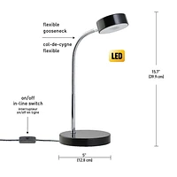Lampe de bureau en métal à ampoule DEL intégrée de Globe Electric, certifiée Energy Star, fini noir mat, col de cygne en chrome, 5 watts, 250 lumens, 12643