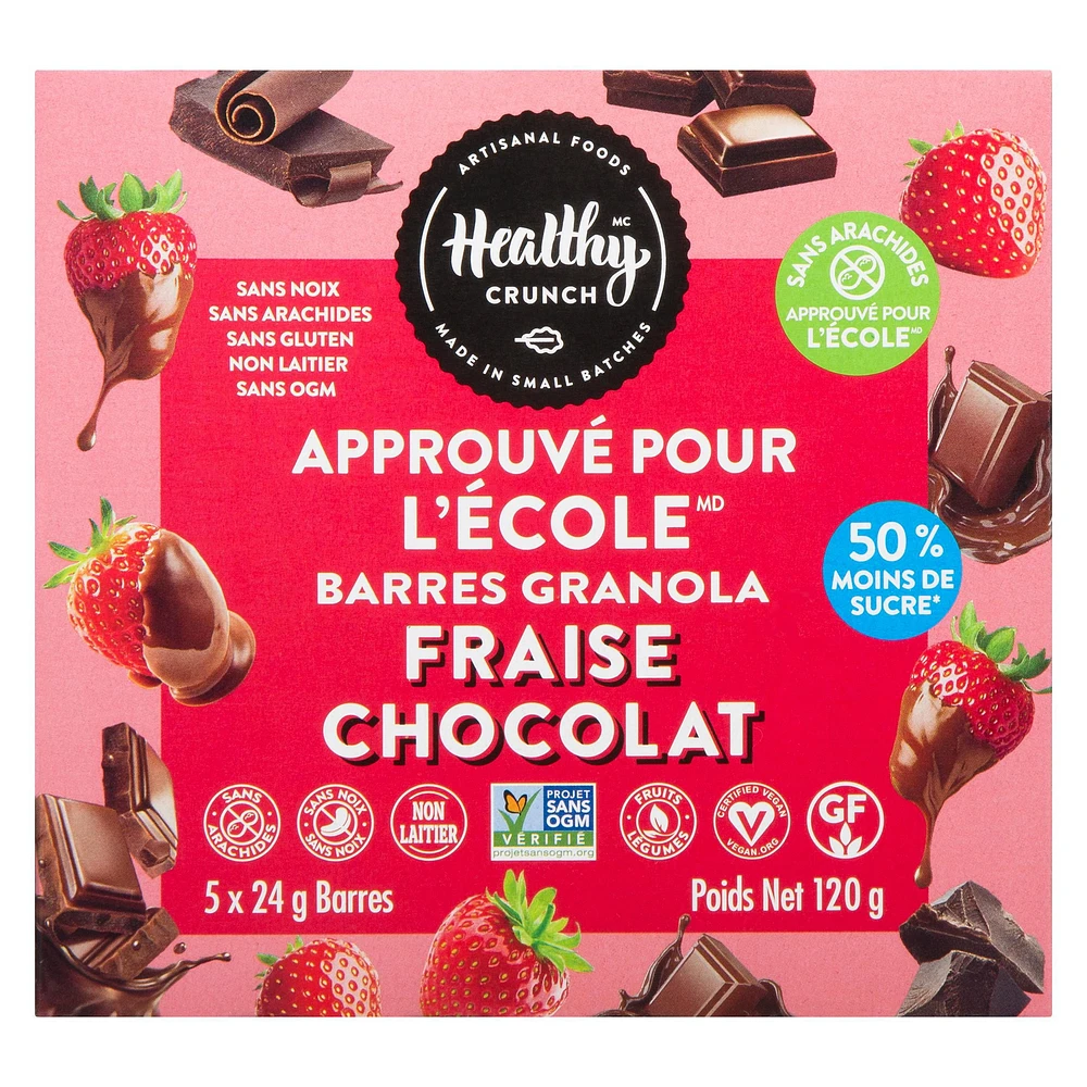 Barre granola Healthy Crunch Chocolat fraise School approuvée® (sans allergènes, sans gluten, végétalien, sans produits laitiers, sans noix, sans arachides) Barres granola au chocolat et aux fraises (120 g)