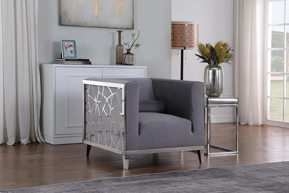 K-Living Darlene Grey Plush Velvet Chair With Chrome Stainless Steel Detailing on Arms