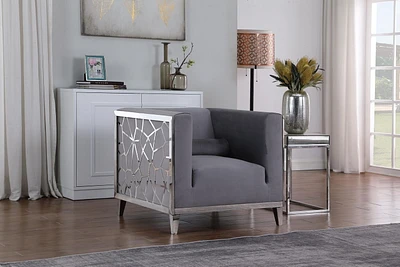 K-Living Darlene Grey Plush Velvet Chair With Chrome Stainless Steel Detailing on Arms
