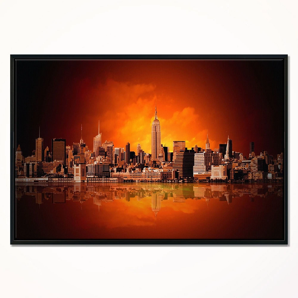 Design Art Panorama De New York City En Lumière Rouge Sur Toile Encadrée