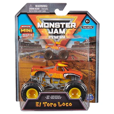 Monster Jam, Monster truck officiel en métal moulé El Toro Loco à l'échelle 1:64, avec mini-véhicule collector à l'échelle 1:87 en cadeau, jouets pour filles et garçons à partir de 3 ans