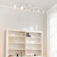 6-Light Matte White and Faux Wood Track Lighting with Double Center Swivel Bar and Pivoting Shades