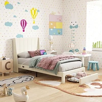 Ensemble de lit pour enfant Homy Casa avec tête de lit rembourrée, support à lattes en bois, ports de chargement USB et tiroirs de rangement.