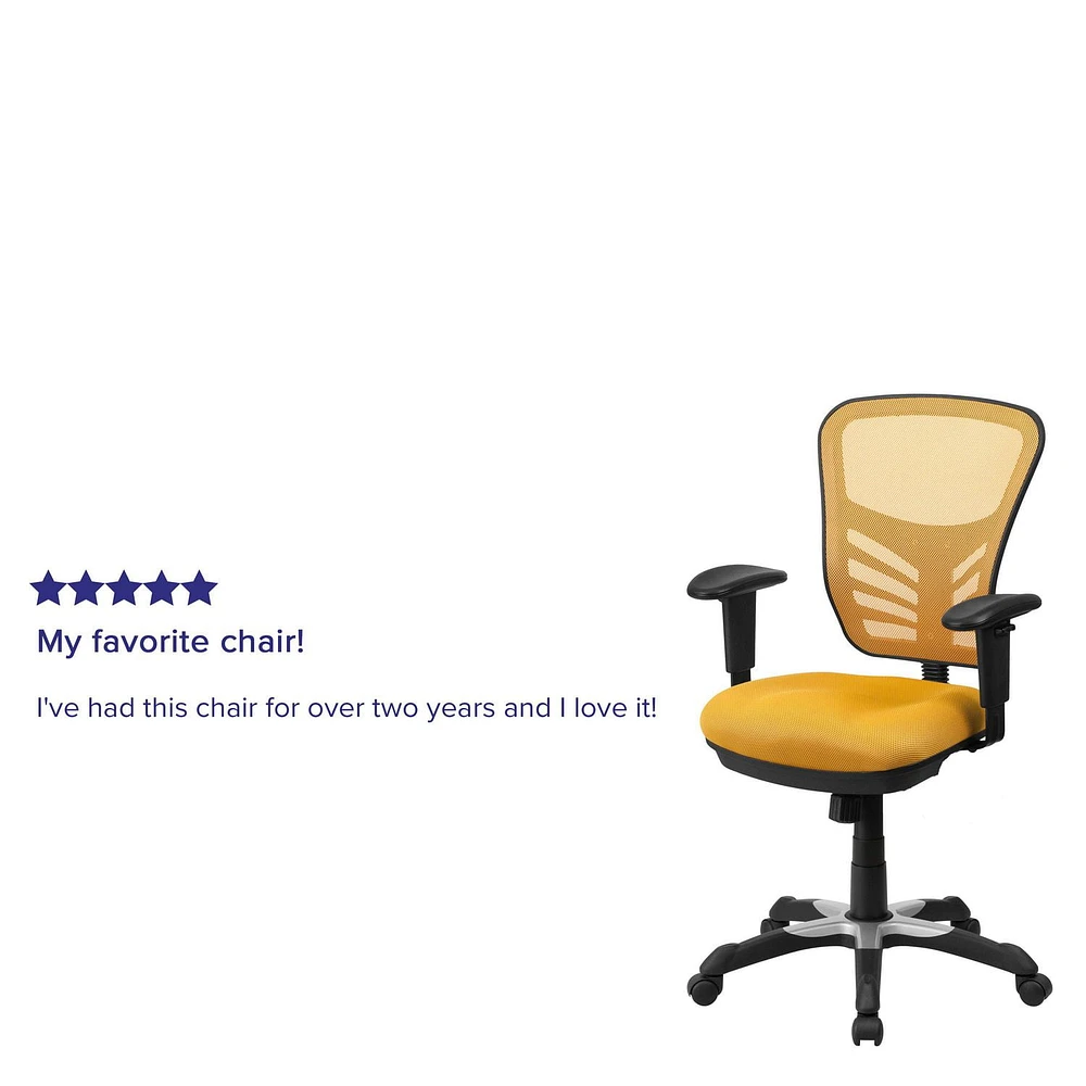 Chaise exécutive pivotante multifonctions en maille jaune-orange à dossier mi-hauteur avec appui-bras réglable