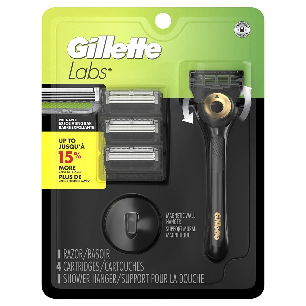 GilletteLabs with Exfoliating Bar Shaving Razor for Men, Black & Gold Edition, 1 Handle, 4 Blade Refills, 1 Magnetic Shower Hanger, 1CT