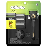 GilletteLabs with Exfoliating Bar Shaving Razor for Men, Black & Gold Edition, 1 Handle, 4 Blade Refills, 1 Magnetic Shower Hanger, 1CT