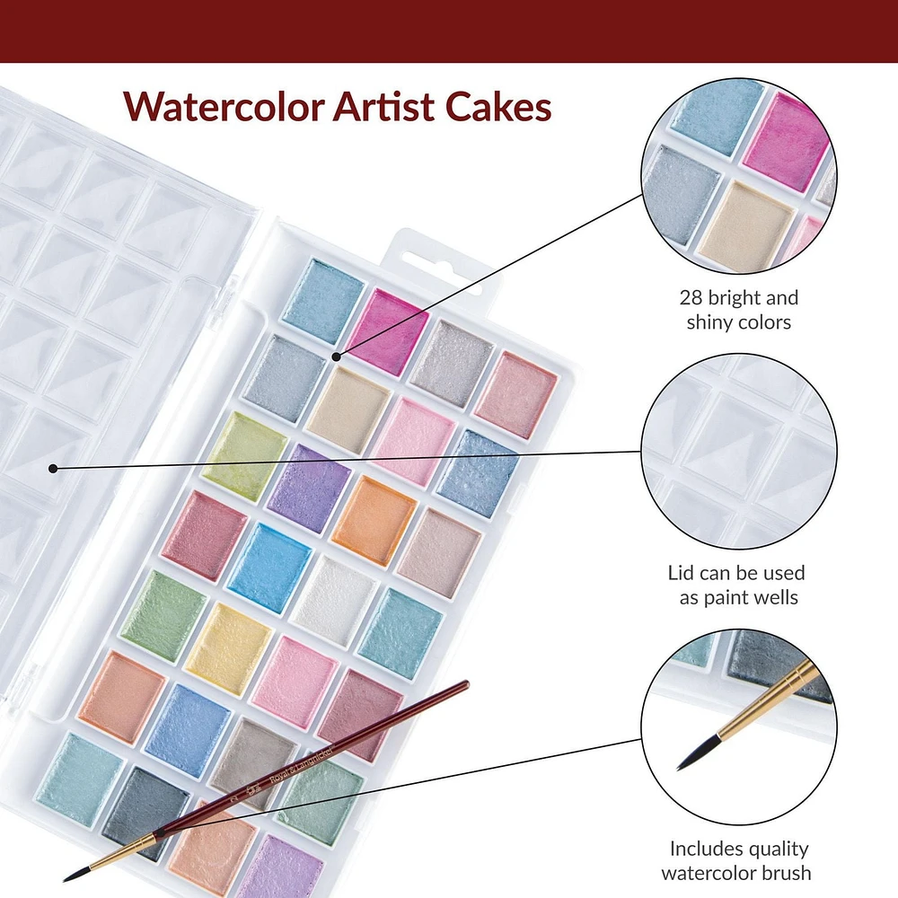 Royal & Langnickel - Ensemble de gâteaux de peinture aquarelle nacrée 28 couleurs avec pinceau 28 gâteaux aquarelle nacrés