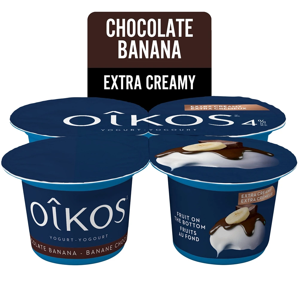 Oikos Extra Creamy Greek Yogurt, Banana Chocolate Flavour, 4% MF, 4 x 95 g