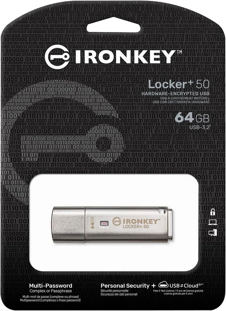 Kingston Ironkey Locker+ 50 Clé USB cryptée 64 Go | USB 3.2 Gen 1 | Protection XTS-AES | Options de sécurité multi-mots de passe | Sauvegarde automatique dans le cloud | Boîtier en métal | IKLP50/64 G