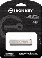 Kingston Ironkey Locker+ 50 Clé USB cryptée 64 Go | USB 3.2 Gen 1 | Protection XTS-AES | Options de sécurité multi-mots de passe | Sauvegarde automatique dans le cloud | Boîtier en métal | IKLP50/64 G