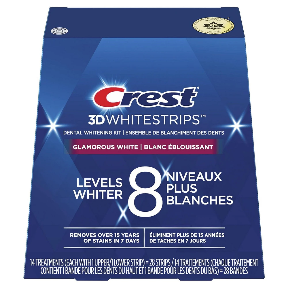 Crest 3D Whitestrips Glamorous White At-home Teeth Whitening Kit, 8 Levels Whiter, 14 Treatments