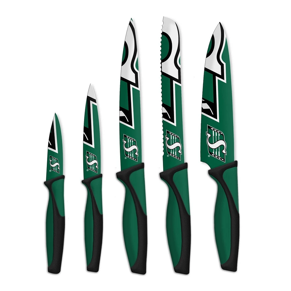OFFICIALLY LICENSED CFL 5 PIECE KNIFE SET SASKATCHEWAN ROUGHRIDERS