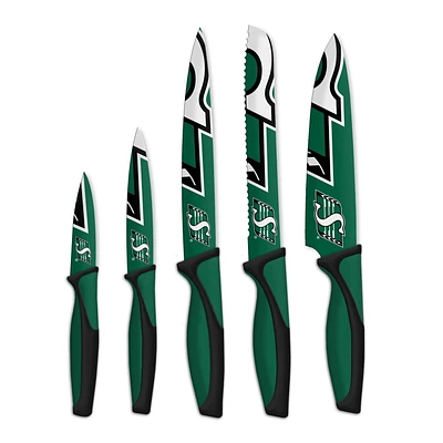OFFICIALLY LICENSED CFL 5 PIECE KNIFE SET SASKATCHEWAN ROUGHRIDERS