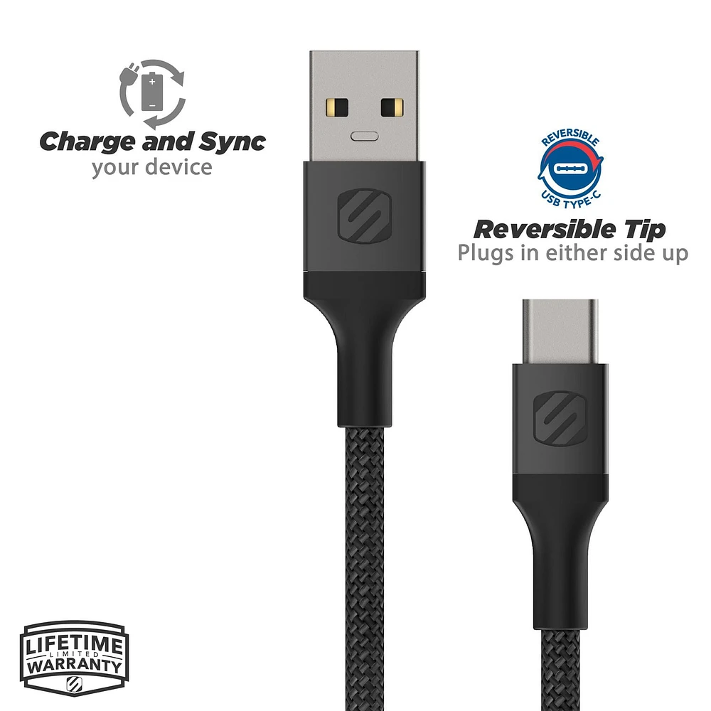 Scosche USB-A to USB-C Charge & Sync Braided Cable 10 feet Black, Fast Transfer Rates