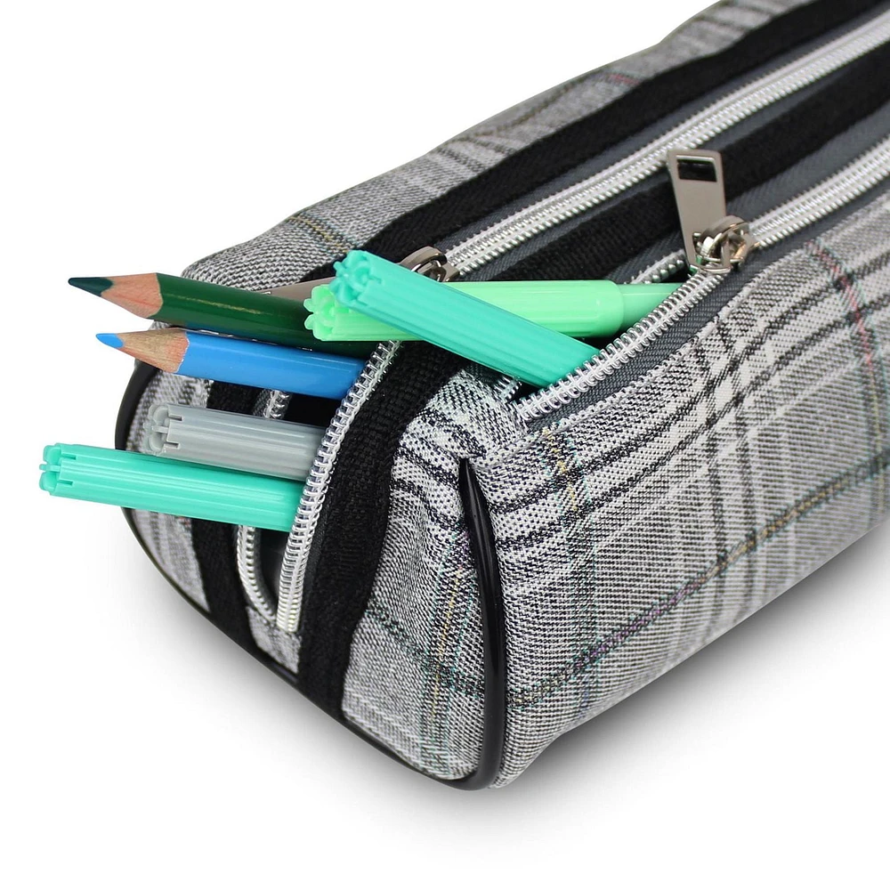 Pen + Gear Étui à crayons à carreaux en gris avec motif surpiqué blanc et noir