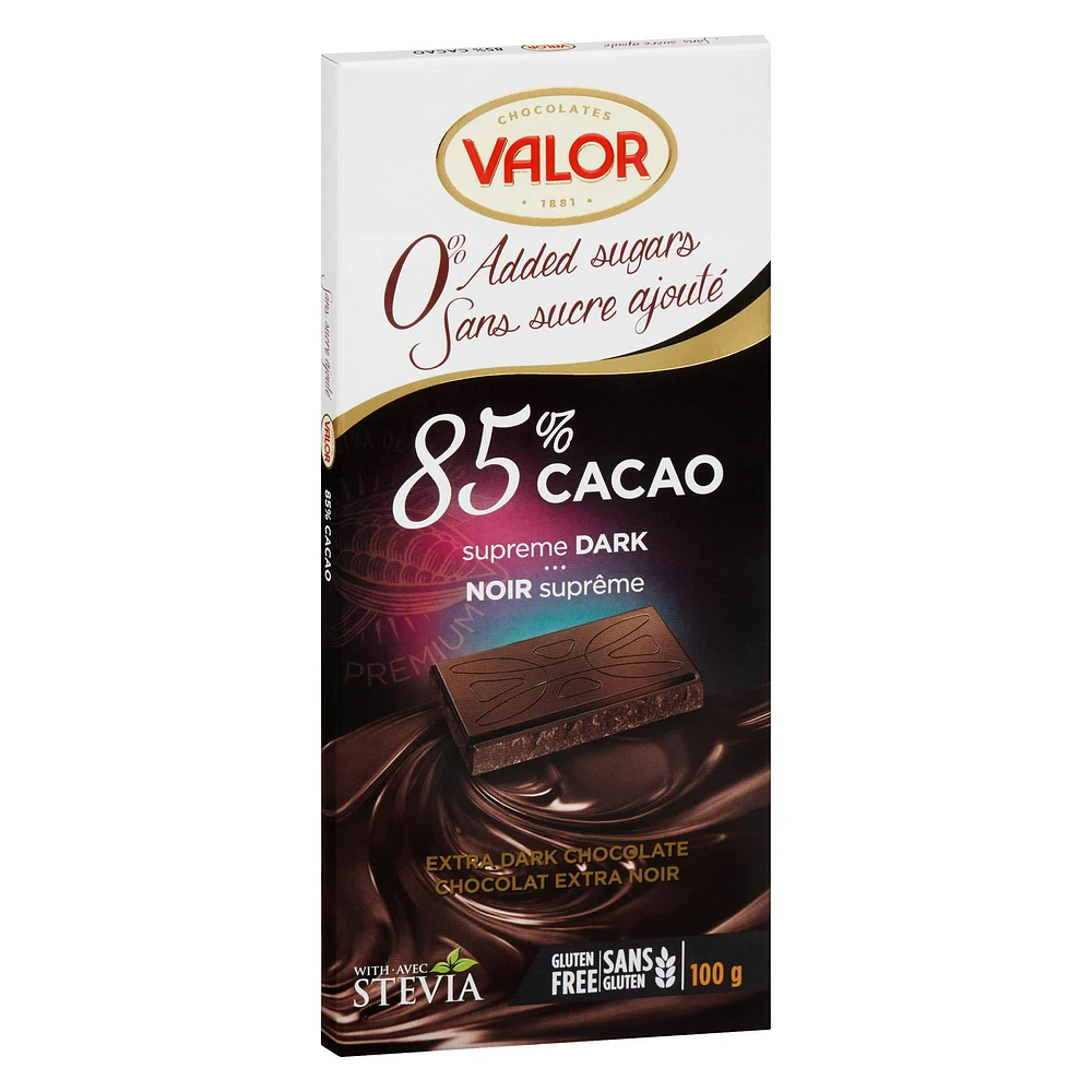 Chocolat Valor 85% Cacao Sans Sucre Ajouté 100g