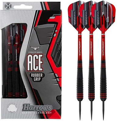Harrows Ace Rubber Grip Darts - Includes Three Steel-Tip Solid-Brass Darts, Three Supergrip Shafts & Three Marathon Flights - 20 Grams