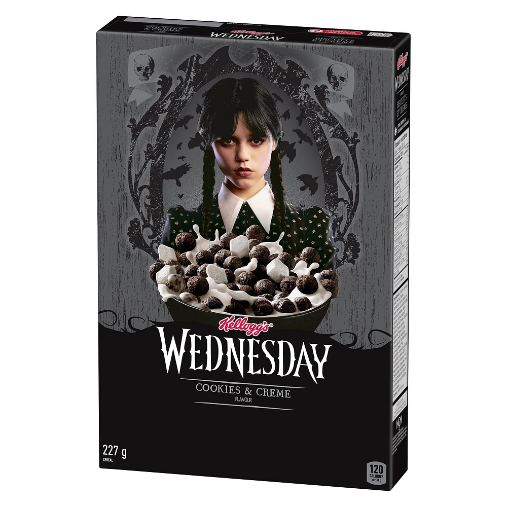 Kellogg's® Wednesday Cookies & Creme Flavour Cereal 227g- Crunchy Chocolatey Spheres, Kellogg's® Wednesday Cookies & Creme Flavour Cereal 227g