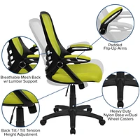 Chaise de bureau ergonomique pivotante en maille verte à dossier haut avec cadre noir et bras rabattables