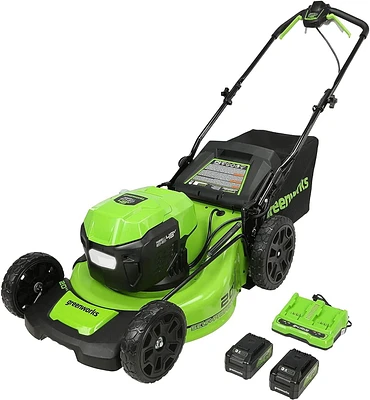 Greenworks 48V 20" Self-Propelled Mower, (2) 24V 5Ah USB Battery & Dual Charger