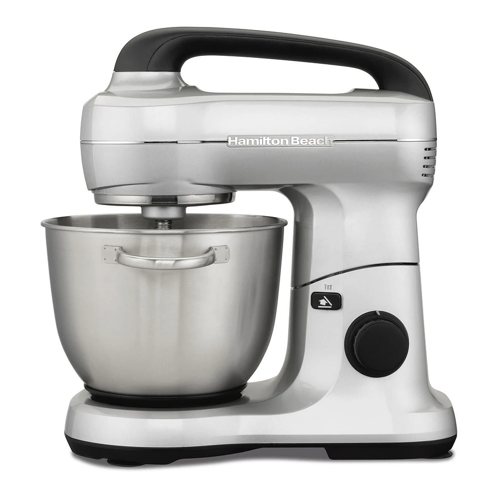 Hamilton Beach Electric Stand Mixer, 4 Quarts, Dough Hook, Flat Beater Attachments, Splash Guard 7 Speeds with Whisk, Silver