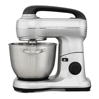 Hamilton Beach Electric Stand Mixer, 4 Quarts, Dough Hook, Flat Beater Attachments, Splash Guard 7 Speeds with Whisk, Silver